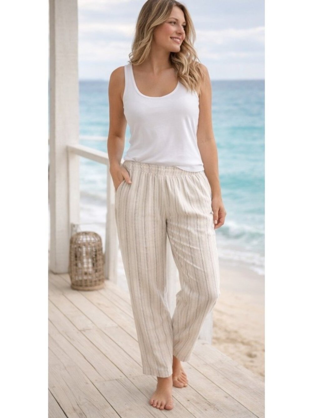 Tahari 100% Linen Pants Women L Beige Striped Pull On Elastic Waist Casual